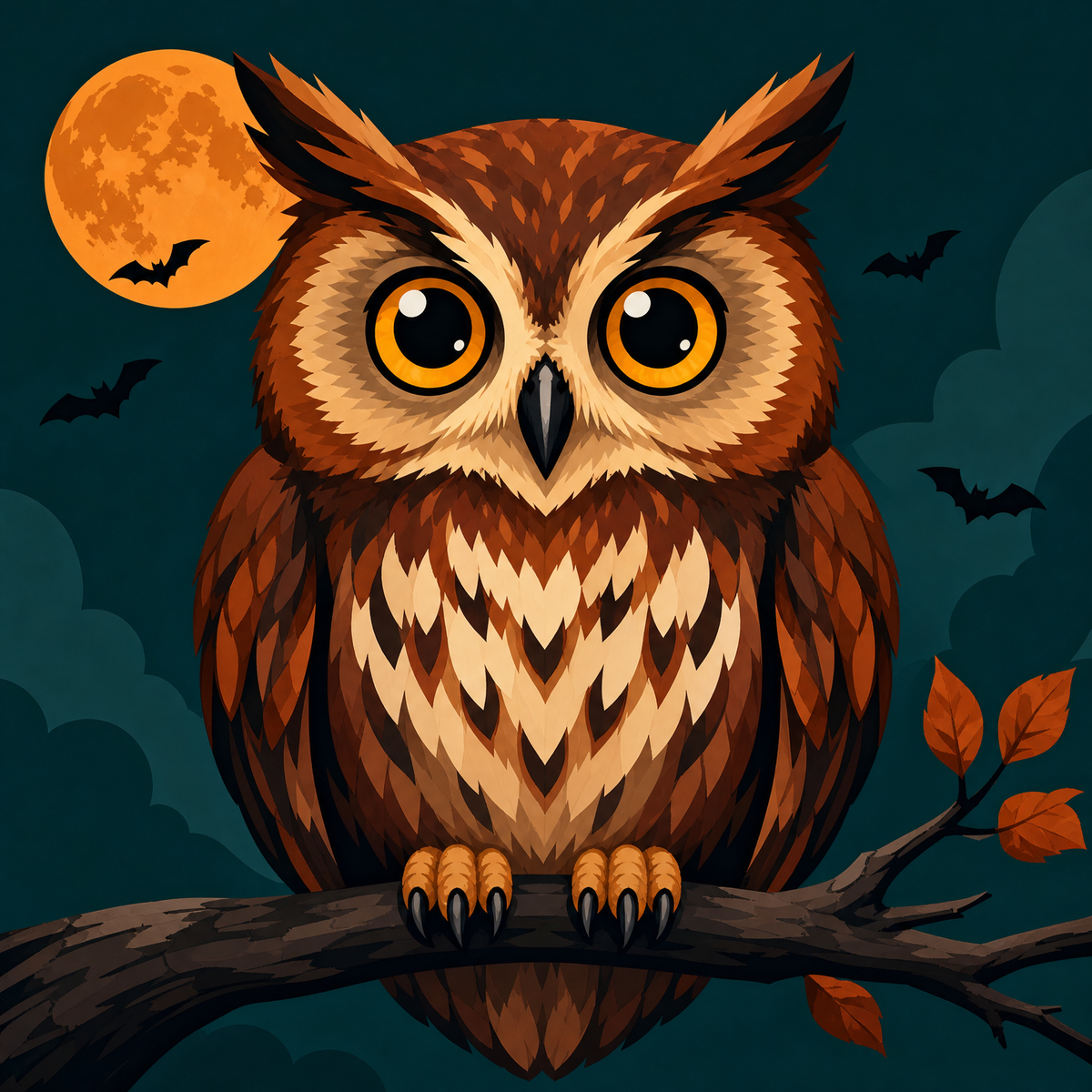 Wide-eyed Halloween owl on a branch against a dark teal background, 20x20 cm