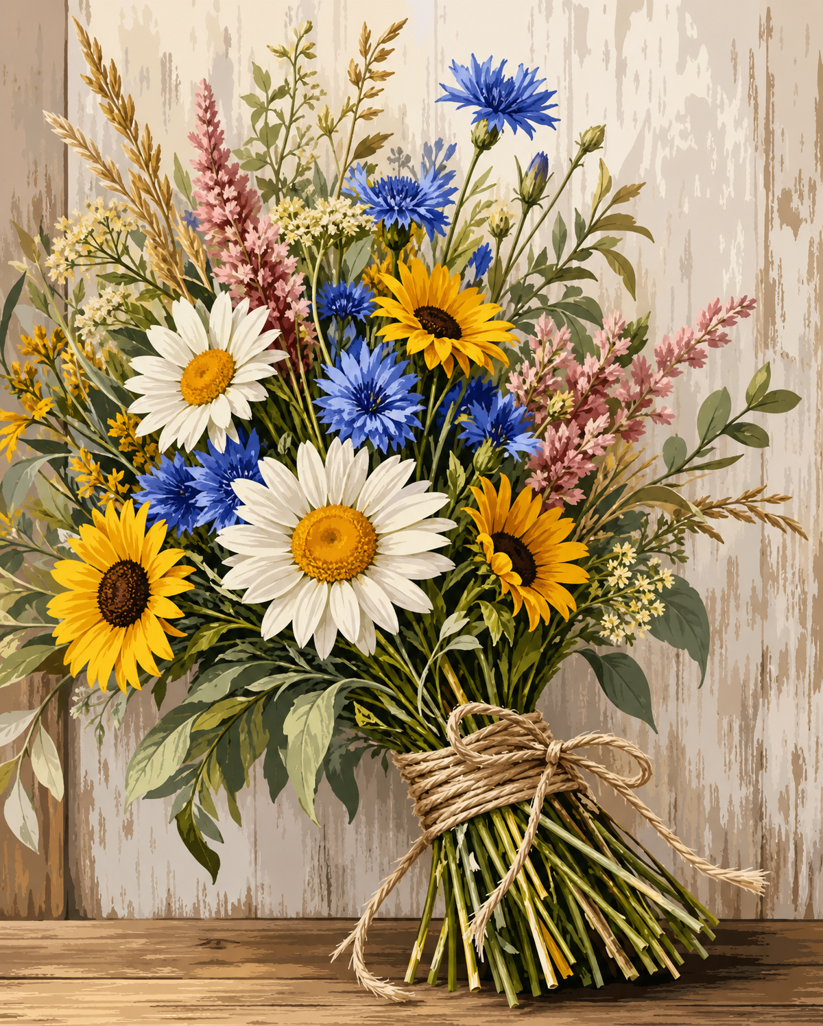 Rustic wildflower bundle tied with twine in a 40x50 cm floral artwork