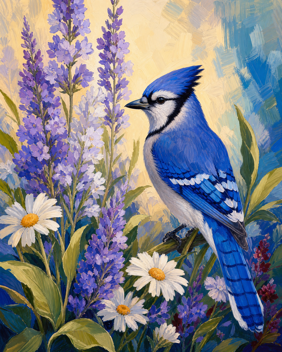 Blue jay beside lavender and white daisies in a vertical garden scene, 40x50 cm
