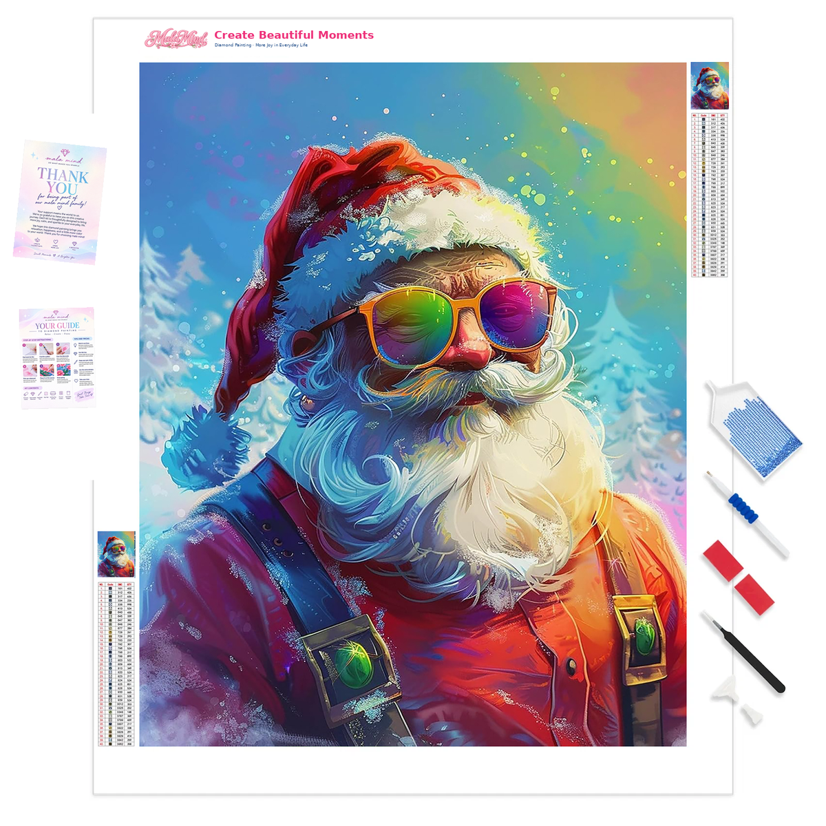 Colorful close-up Santa portrait wearing reflective sunglasses against a turquoise winter background
