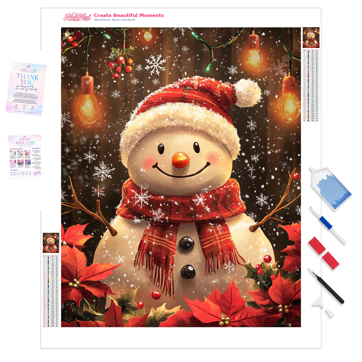 Smiling snowman in a Santa hat and plaid scarf surrounded by snow, lights, holly, and poinsettias