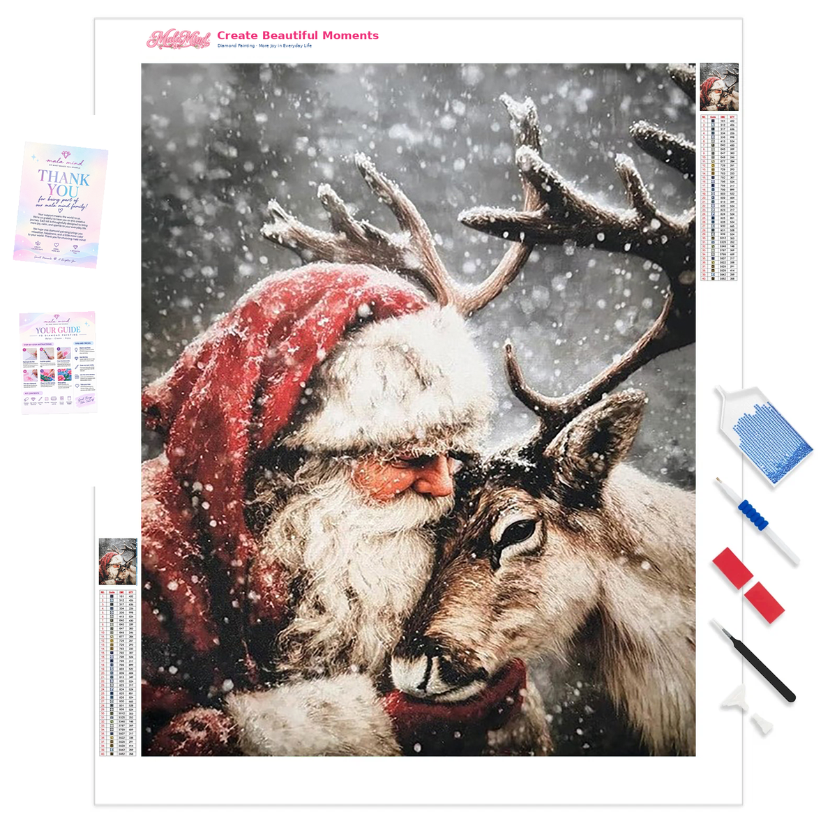 Santa in a snowy red hat embraces a brown reindeer beneath falling snow.