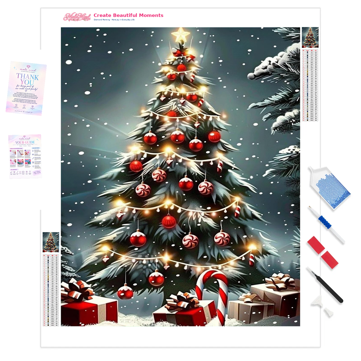 MalaMind Gallery V3 | 01 Product Clarity | CH-260921-074 | Snow-covered Christmas tree with glowing lights, red ornaments, candy canes, star, and wrapped gifts