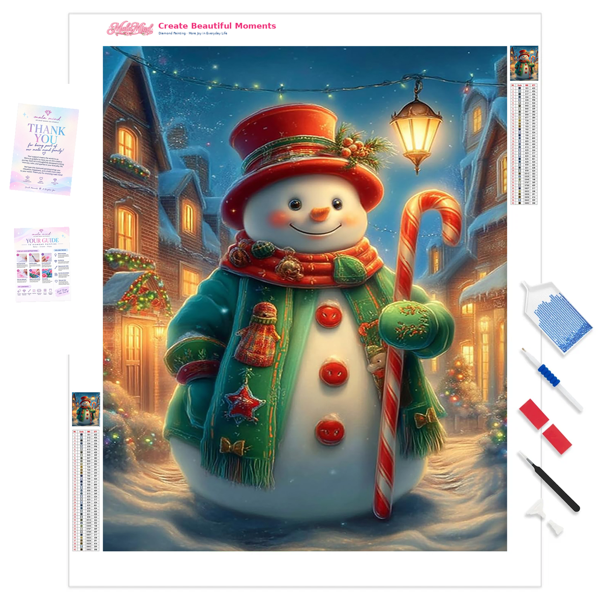 MalaMind Gallery V3 | 01 Product Clarity | CH-260921-050 | Smiling snowman in a red hat and green coat holds a candy cane in a glowing snowy village.