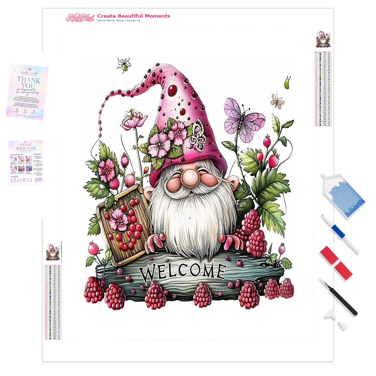 MalaMind Gallery V3 | 01 Product Clarity | FA-260921-016 | Garden gnome in a berry-covered pink hat surrounded by flowers, berries, butterflies, and a welcome sign
