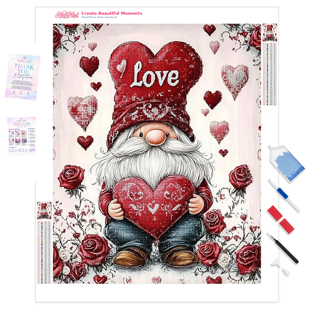 MalaMind Gallery V3 | 01 Product Clarity | FA-260921-067 | Bearded gnome in a Love hat holding a large red heart among roses and floating hearts