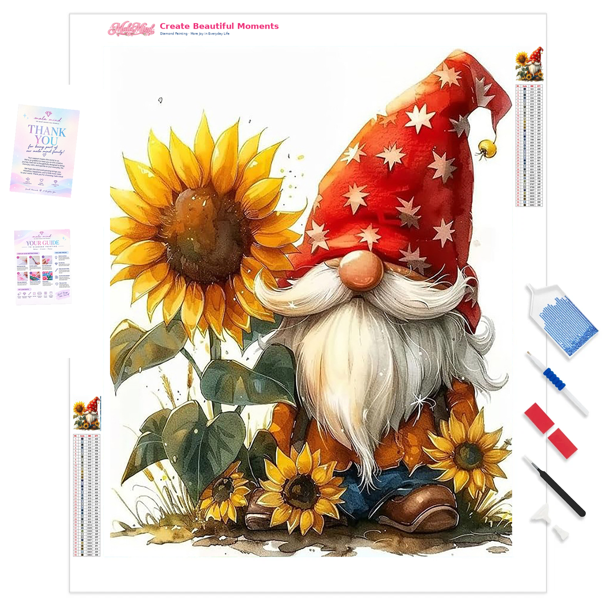 MalaMind Gallery V3 | 01 Product Clarity | FA-260921-066 | Bearded garden gnome in a red star-patterned hat surrounded by golden sunflowers and green leaves.