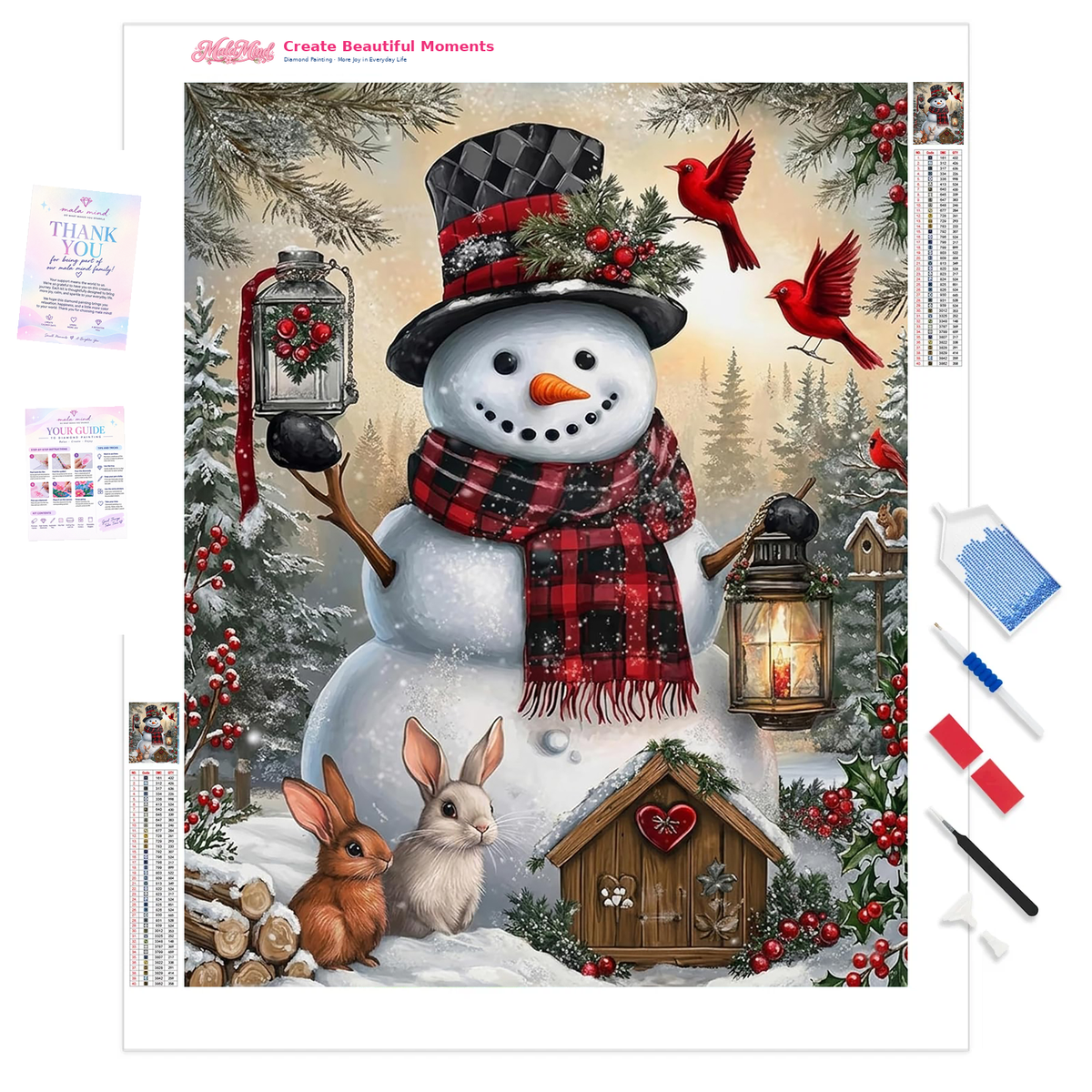 MalaMind Gallery V3 | 01 Product Clarity | CH-260921-053 | Decorated snowman with cardinals, rabbits, lanterns, holly, and a birdhouse in a snowy evergreen forest
