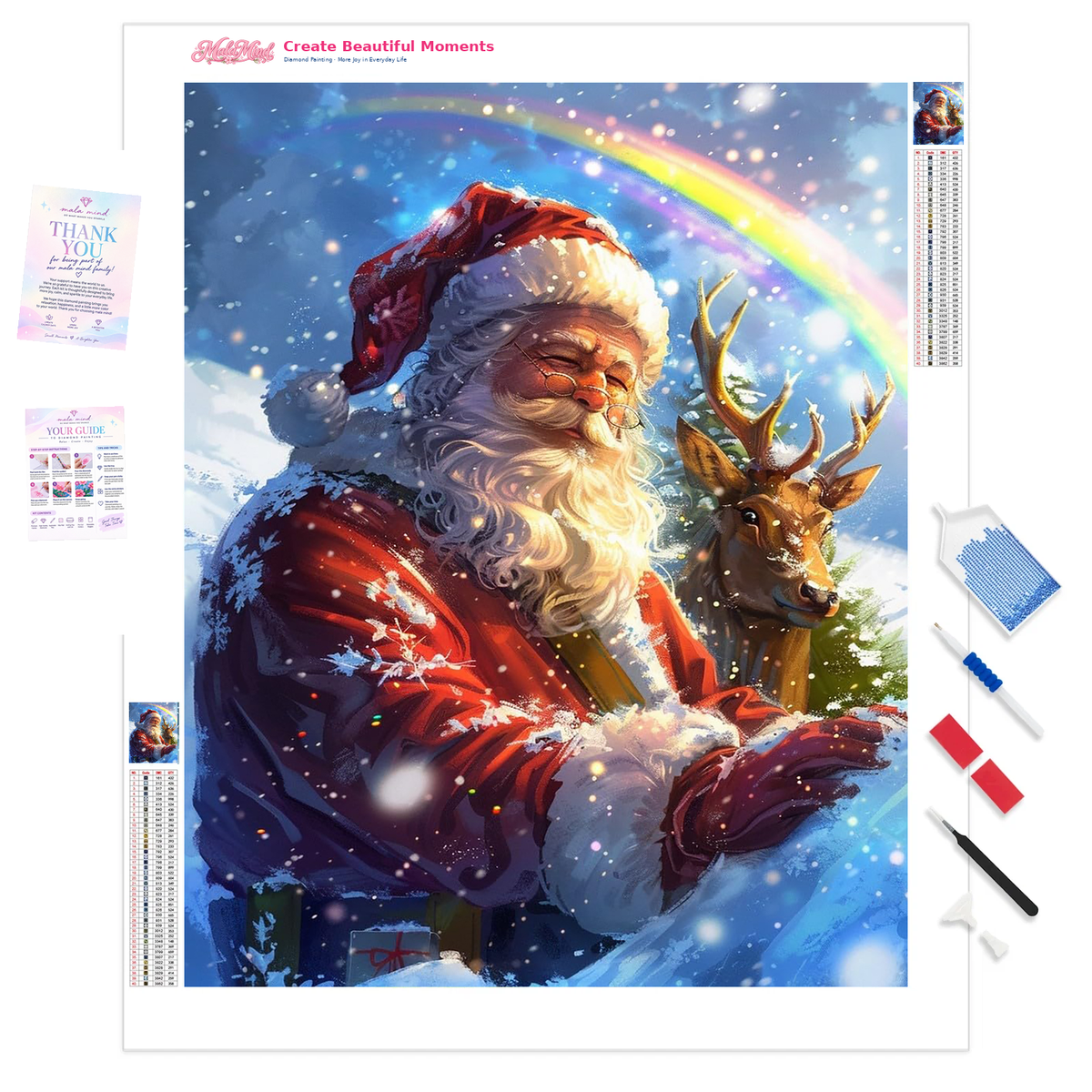 MalaMind Gallery V3 | 01 Product Clarity | CH-260921-031 | Santa in a snowy red suit beside a reindeer beneath a bright rainbow