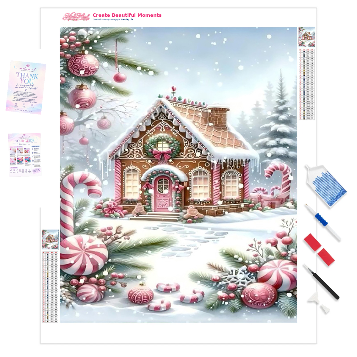 MalaMind Gallery V3 | 01 Product Clarity | CH-260922-007 | Snowy gingerbread cottage surrounded by candy canes, peppermint ornaments, evergreen branches, and falling snow.