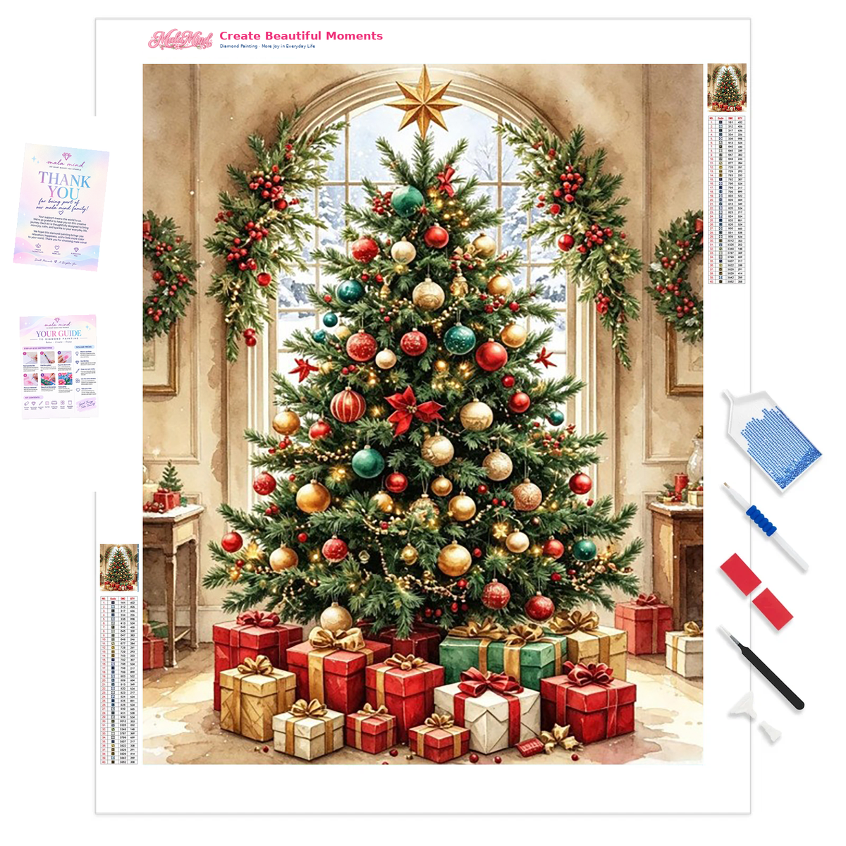 Decorated Christmas tree with colorful ornaments, wrapped presents, garlands, and a snowy arched window