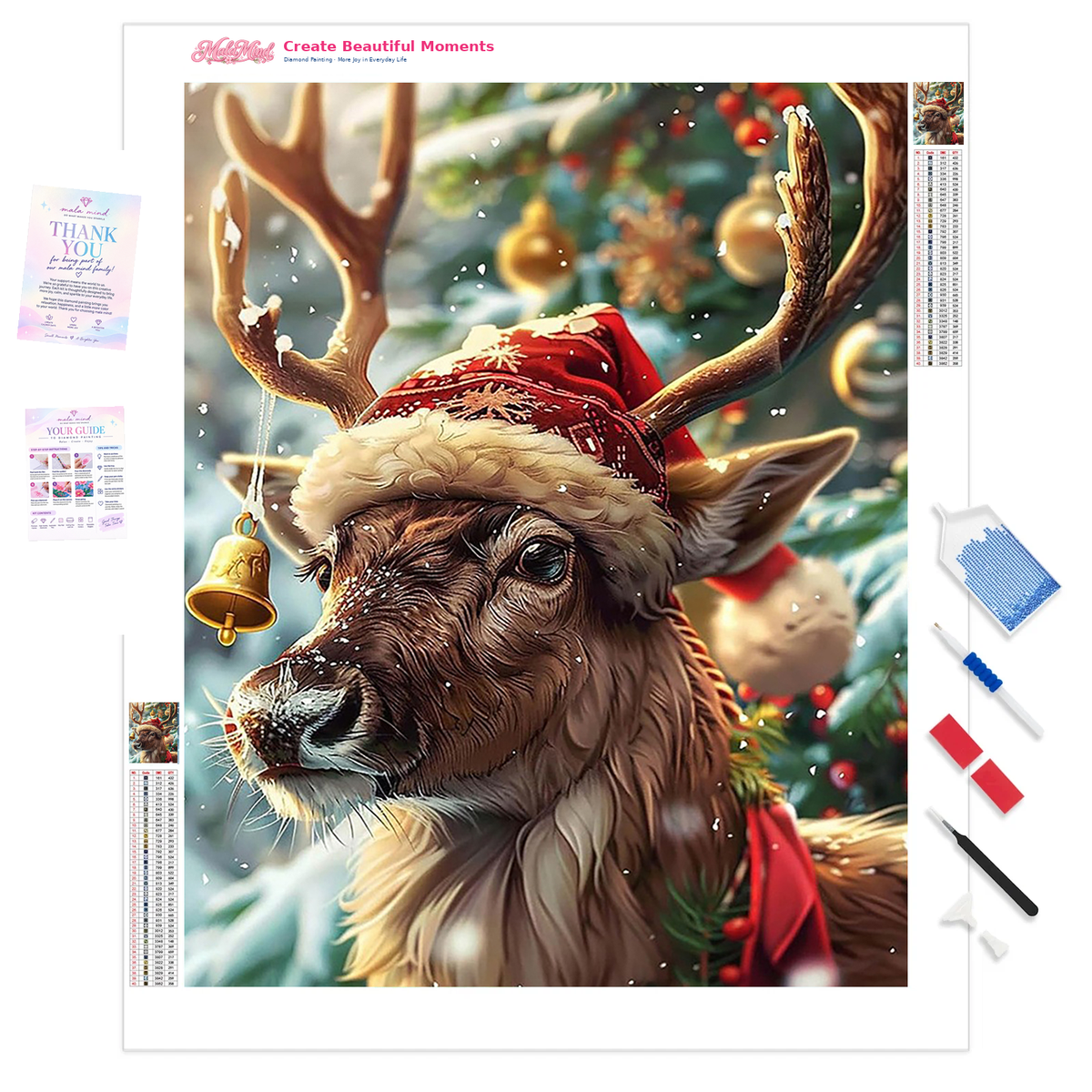 MalaMind Gallery V3 | 01 Product Clarity | CH-260922-012 | Reindeer in a Santa hat with antlers, falling snow, and a glowing decorated Christmas tree.
