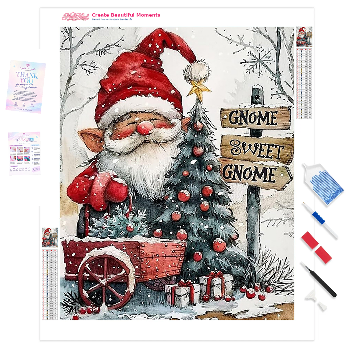 MalaMind Gallery V3 | 01 Product Clarity | CH-260921-068 | Bearded Christmas gnome beside a decorated tree, gifts, wagon, and welcome sign in a snowy woodland.