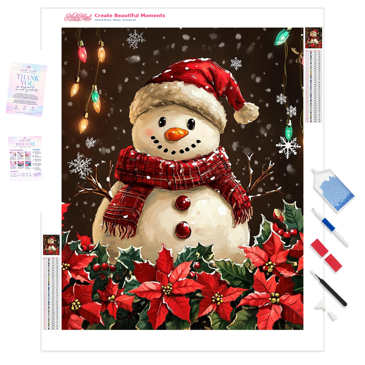 Smiling snowman in a Santa hat and plaid scarf surrounded by poinsettias, snowflakes, and holiday lights