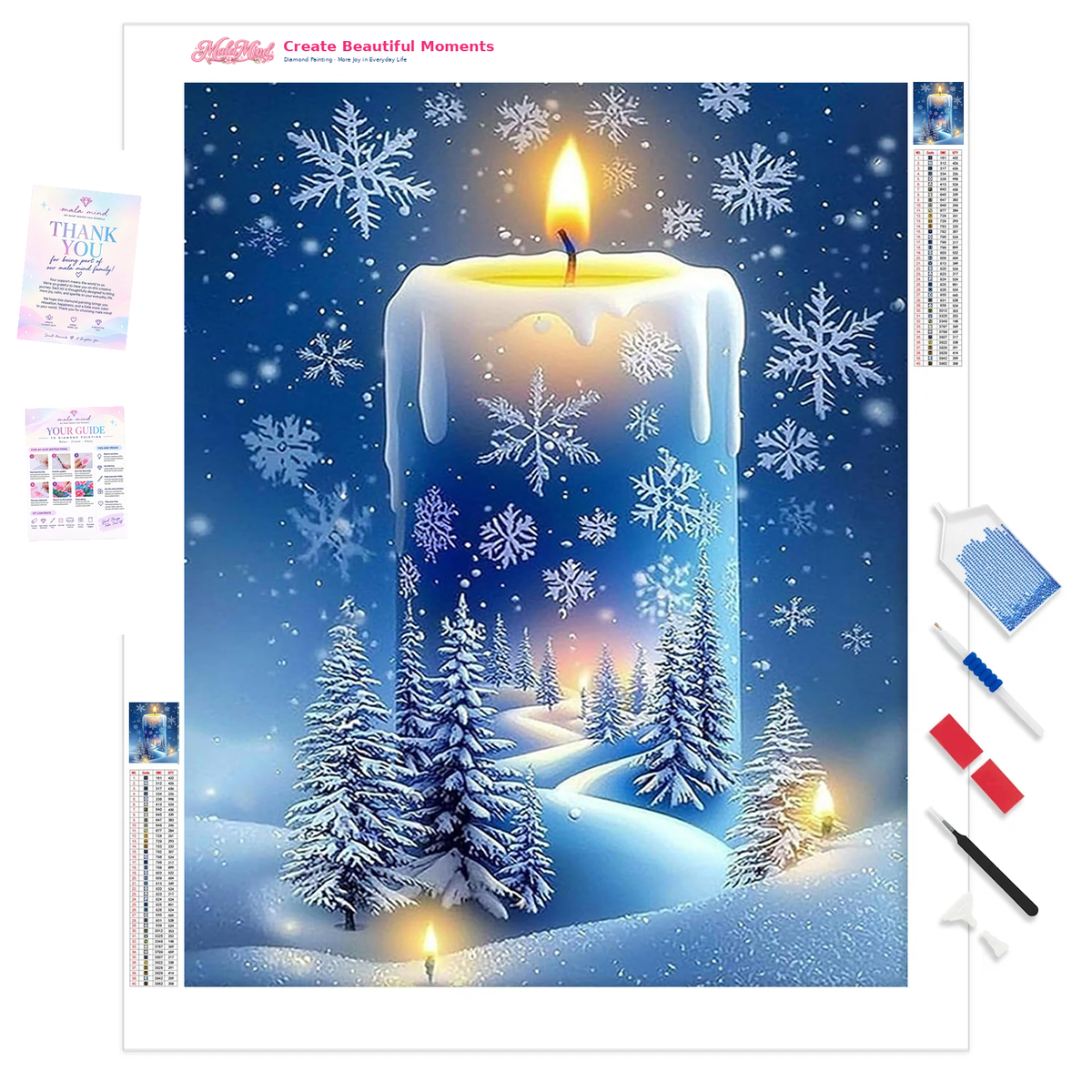Glowing frosted candle surrounding a snowy evergreen forest and winding path beneath drifting snowflakes.