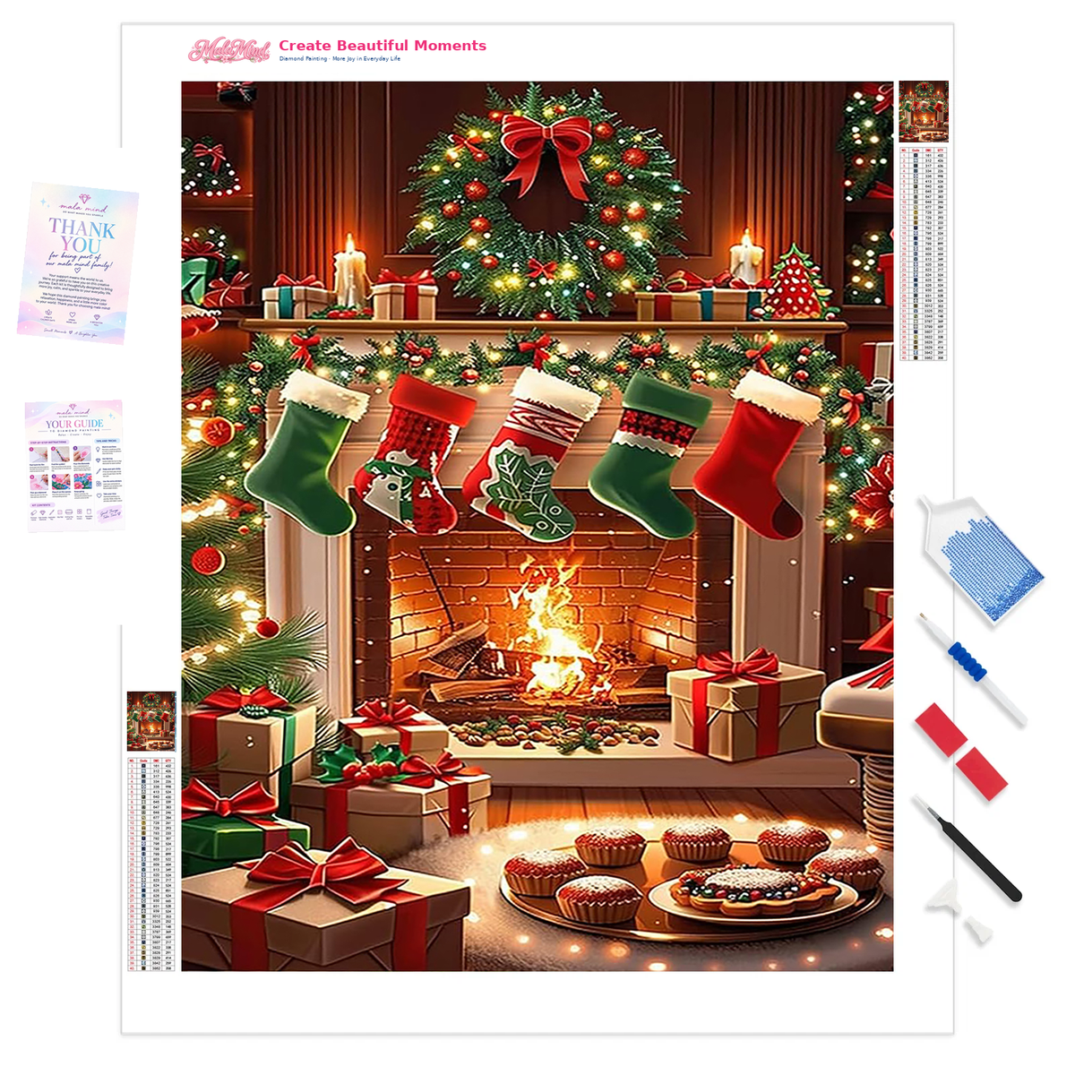 Festive Christmas fireplace with stockings, wreath, gifts, garlands, candles, and dessert trays