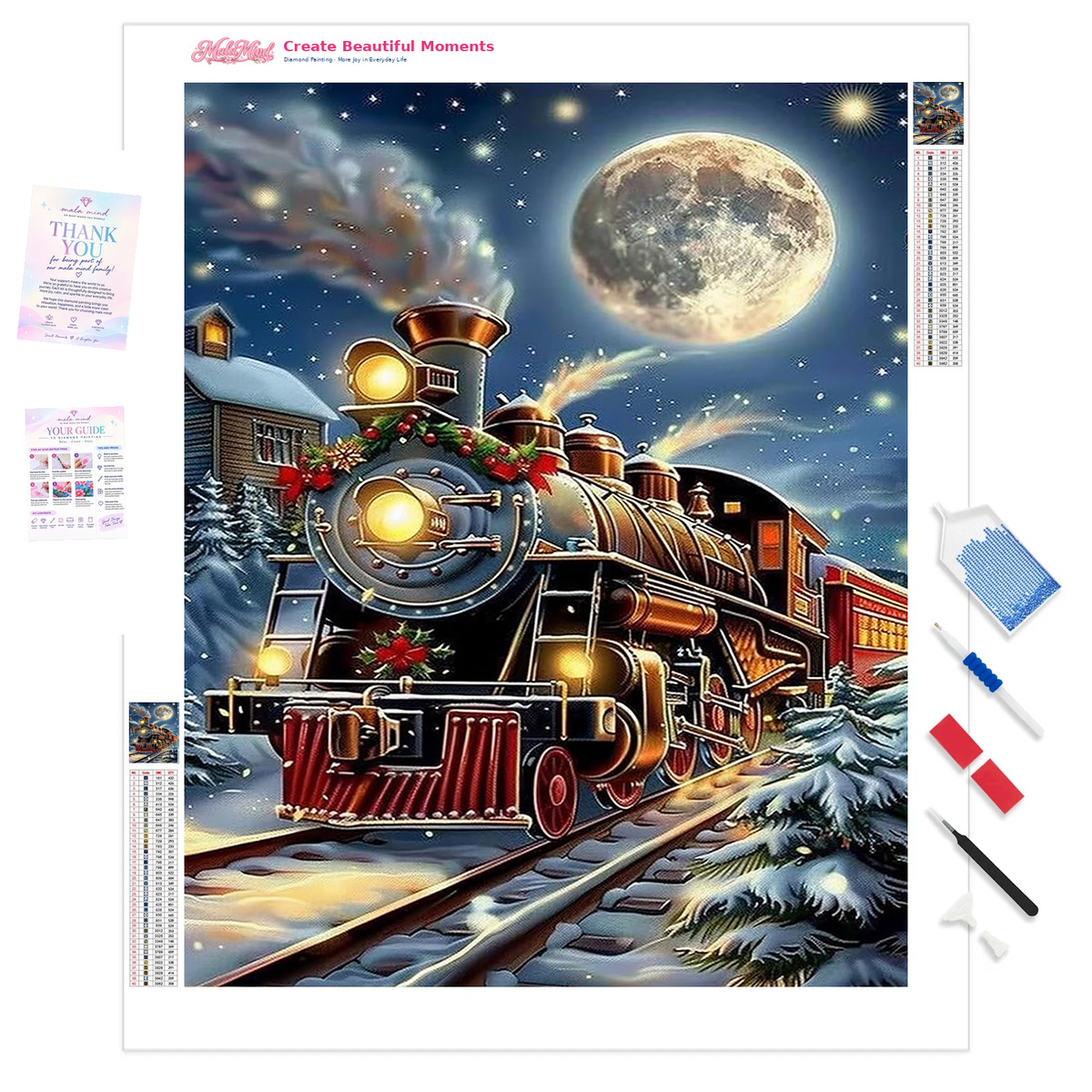 Decorated Christmas steam locomotive traveling through snowy scenery beneath a glowing full moon
