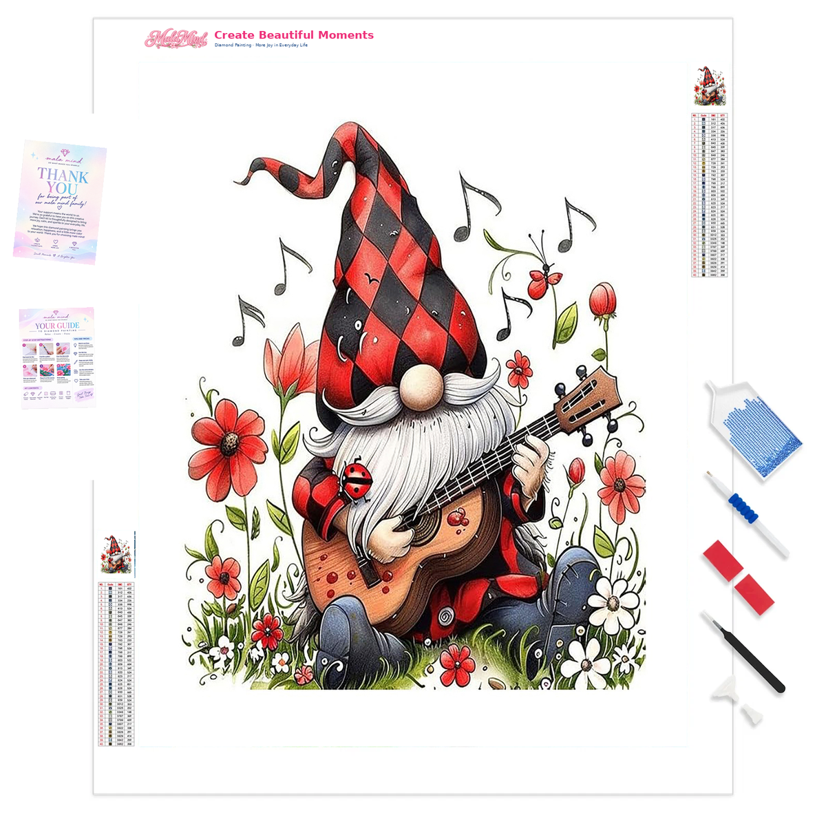 Bearded garden gnome playing guitar among colorful flowers, musical notes, a butterfly, and ladybug
