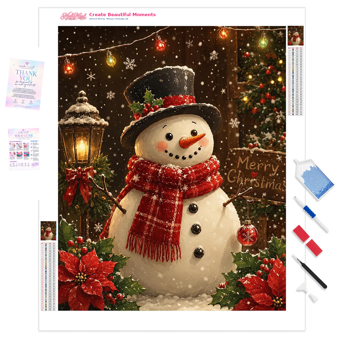 MalaMind Gallery V3 | 01 Product Clarity | CH-260921-070 | Smiling snowman in a top hat and red scarf surrounded by Christmas lights, poinsettias, ornaments, and a tree.