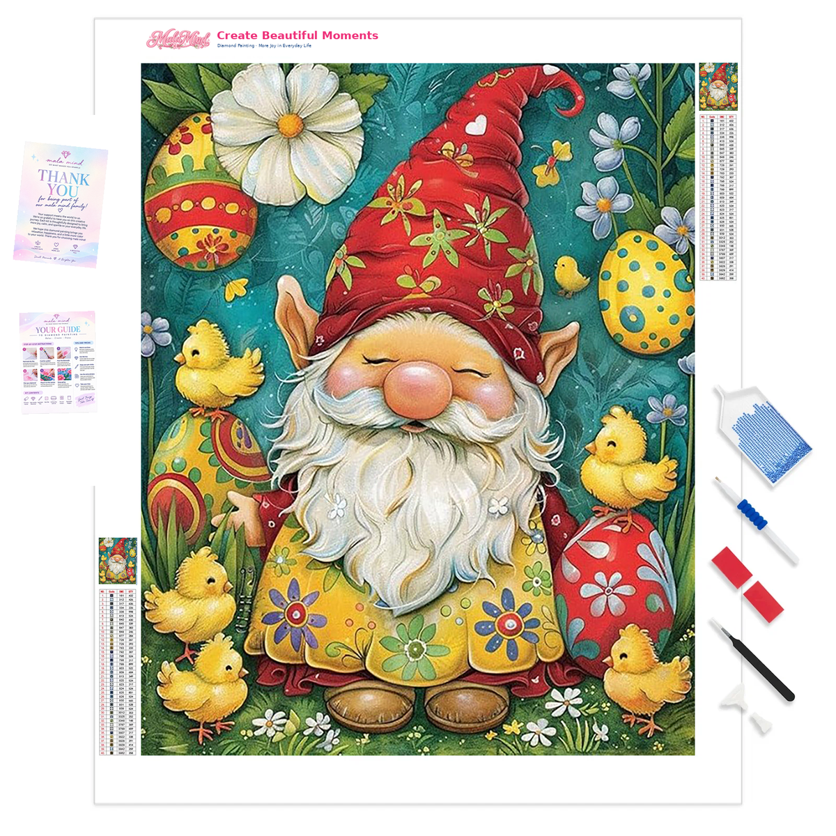 MalaMind Gallery V3 | 01 Product Clarity | FA-260921-013 | Bearded garden gnome in a red floral hat surrounded by Easter eggs, flowers, greenery, and yellow chicks