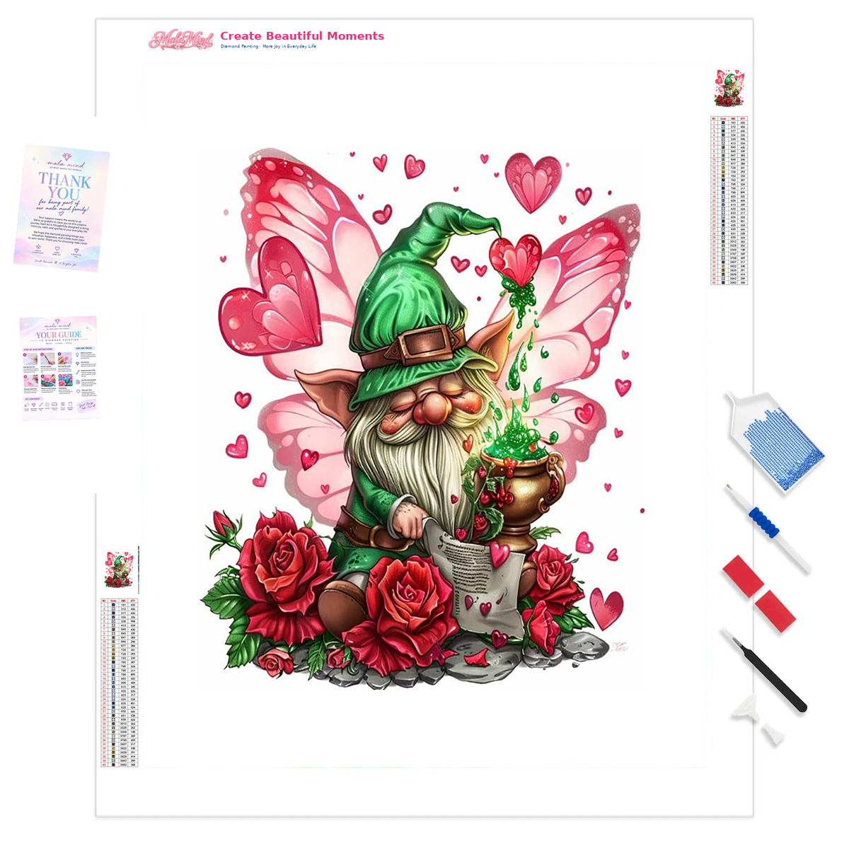 Bearded green-hatted gnome with pink butterfly wings, roses, a scroll, hearts, and a golden pot
