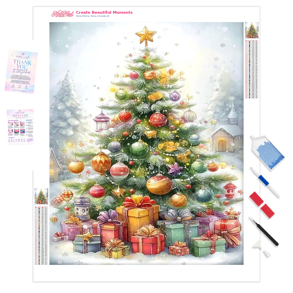 Colorful decorated Christmas tree with presents in a snowy village scene