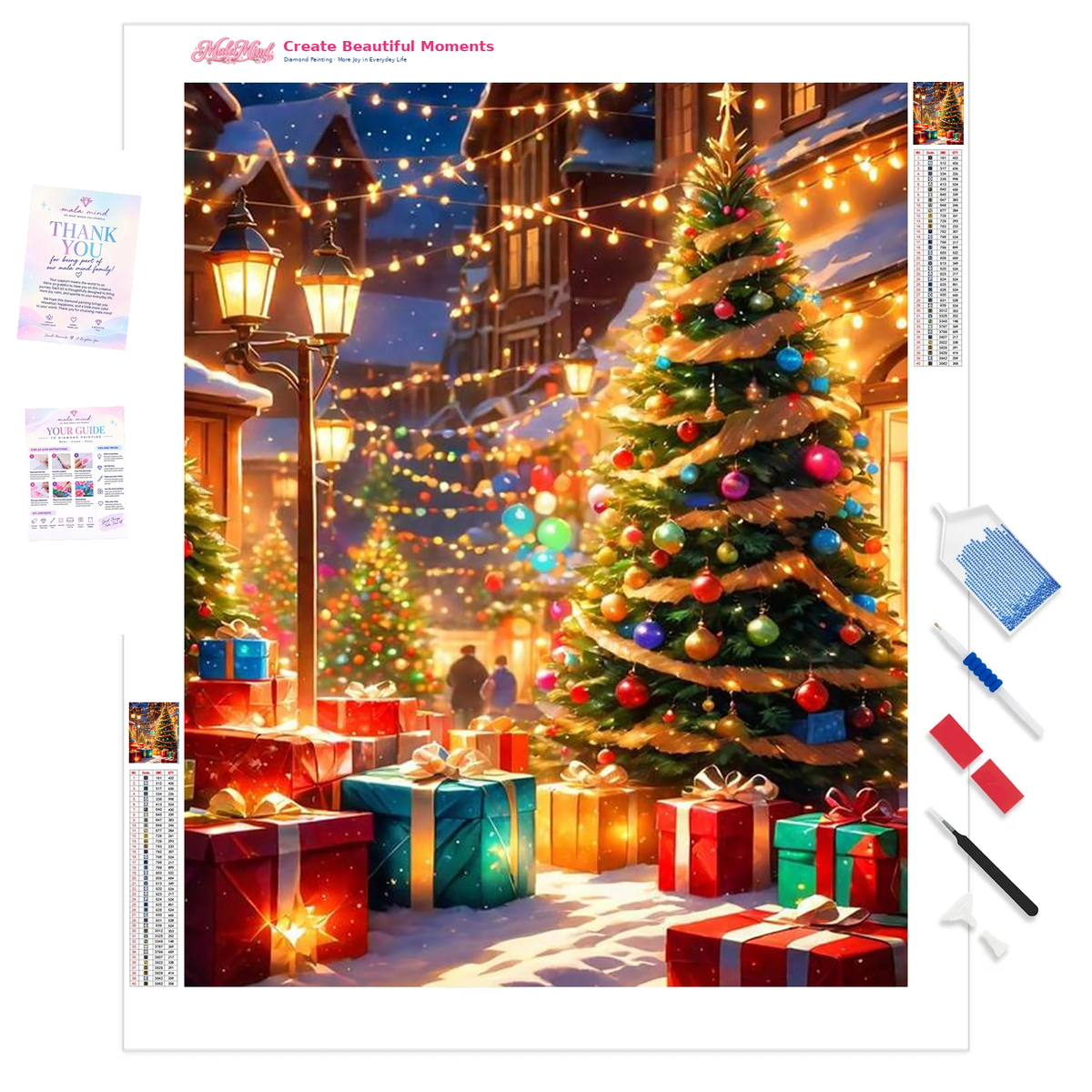 MalaMind Gallery V3 | 01 Product Clarity | CH-260921-079 | Decorated Christmas tree with gifts and glowing lights on a snowy village street