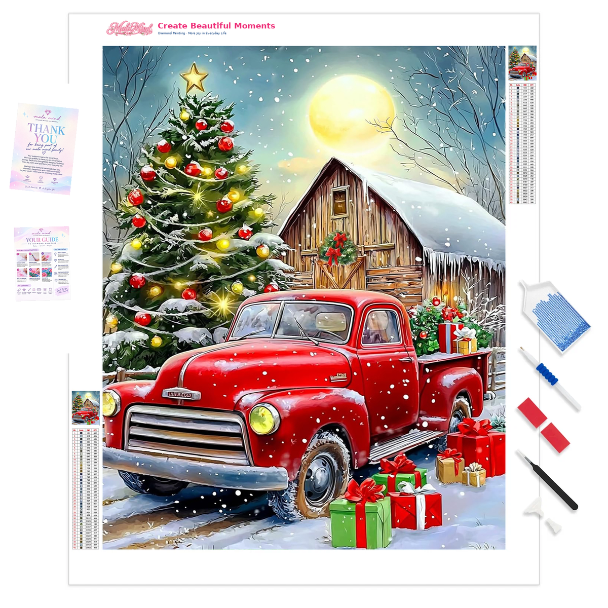 Red vintage pickup truck with Christmas gifts beside a decorated tree and snowy barn under a full moon