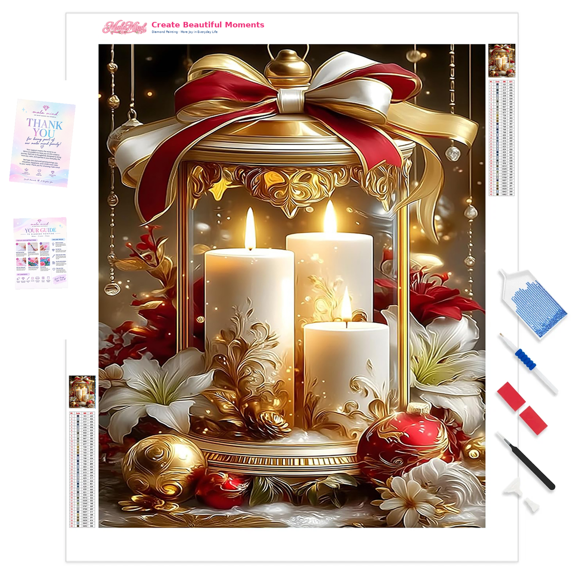 MalaMind Gallery V3 | 01 Product Clarity | CH-260921-047 | Ornate golden Christmas lantern with three glowing white candles, flowers, ornaments, and a large festive bow.