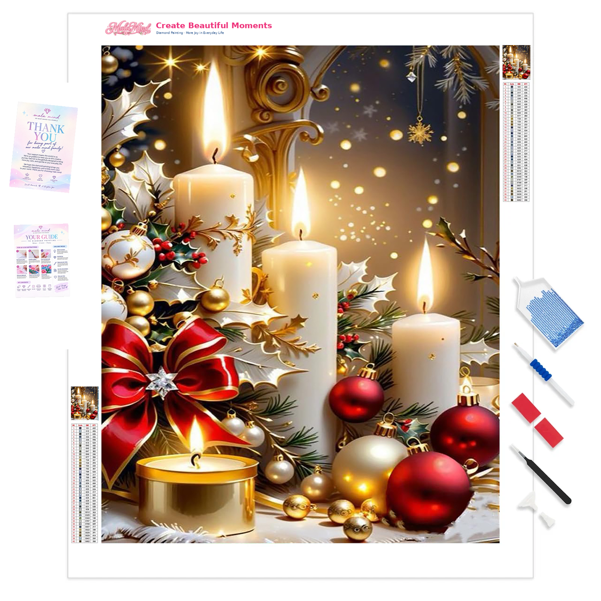 MalaMind Gallery V3 | 01 Product Clarity | CH-260921-063 | Glowing white Christmas candles surrounded by red and gold ornaments, holly, evergreen branches, bells, and a red bow