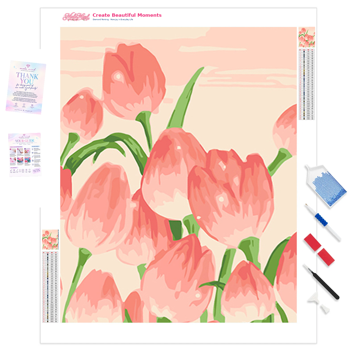 Overlapping coral pink tulips with green stems and leaves on a cream background — 01_product_clarity