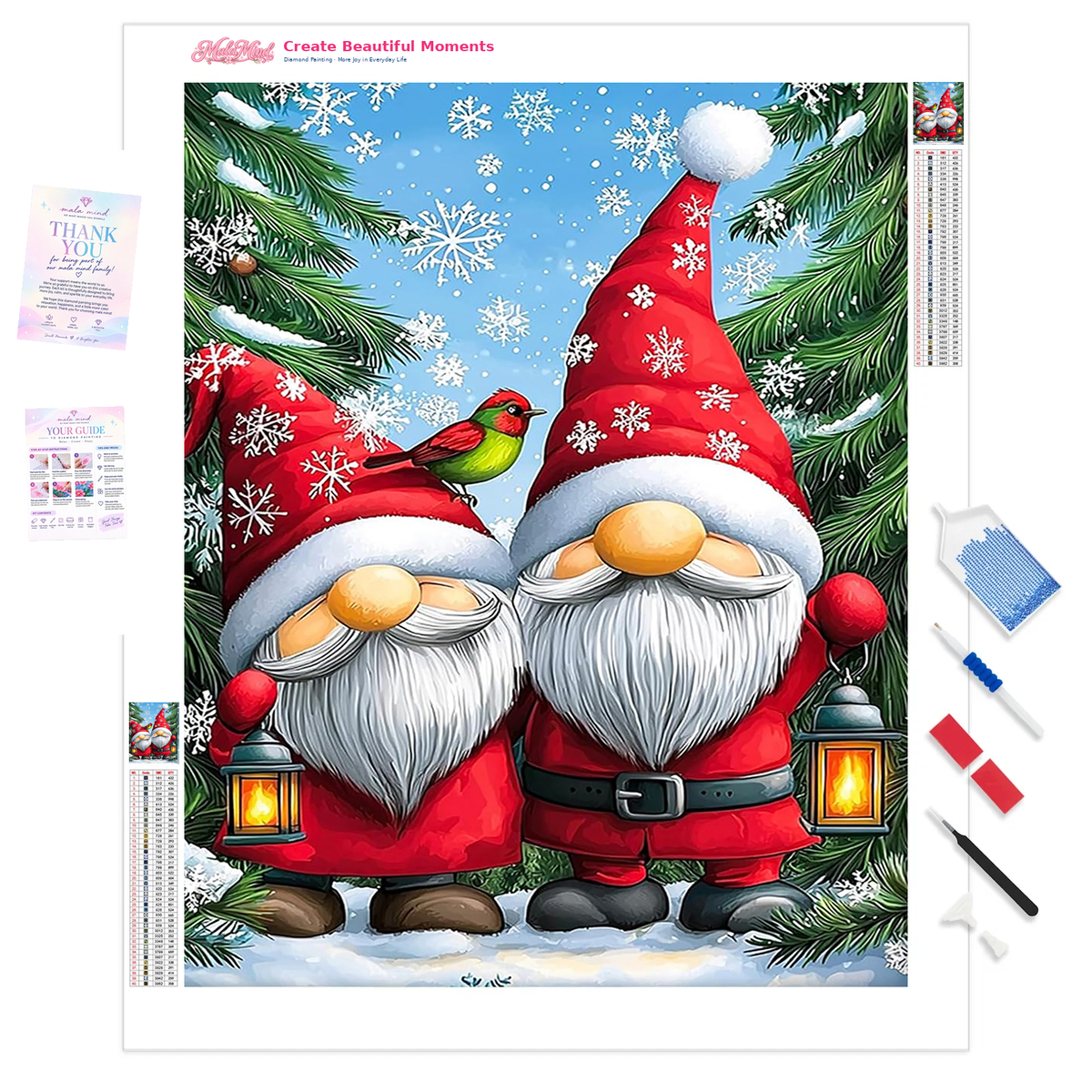 Two bearded Christmas gnomes with lanterns stand among snowy evergreens beneath falling snow.