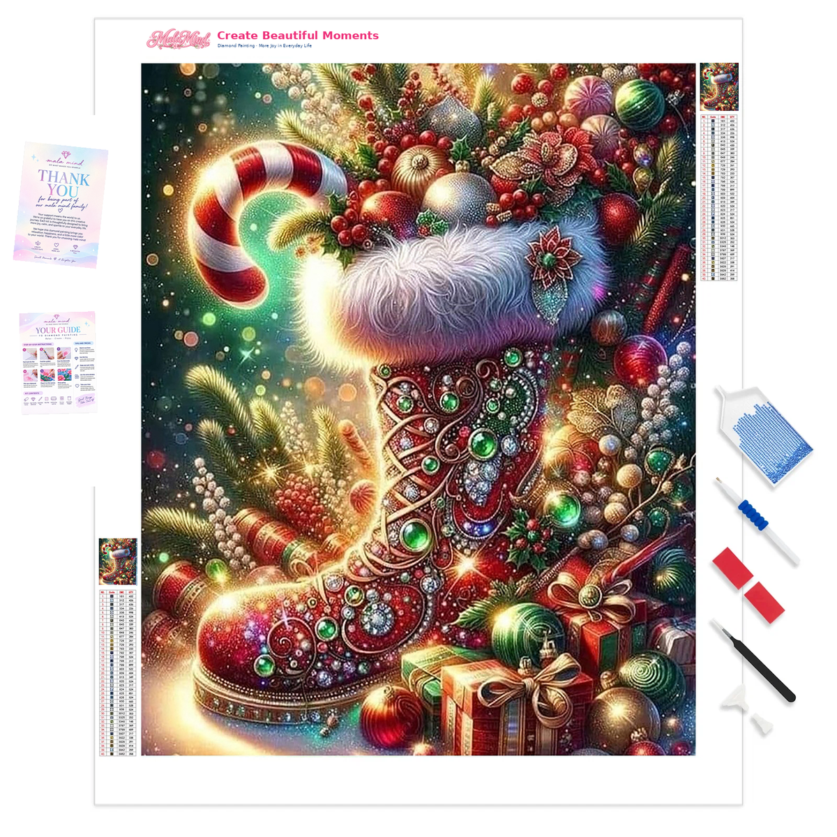 MalaMind Gallery V3 | 01 Product Clarity | CH-260921-002 | Ornate jeweled Christmas stocking with a pale-blue cuff, ornaments, candy canes, gifts, and evergreen branches