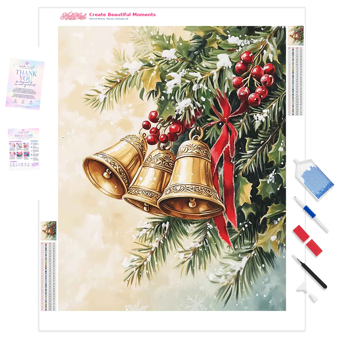 Ornate golden Christmas bells hang among evergreen branches, red berries, white blossoms, and a red ribbon.