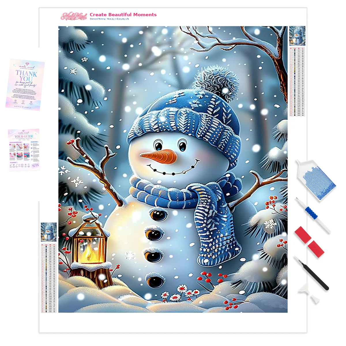 Two blue-scarfed snowmen stand among snowy evergreens, red berries, falling snow, and a glowing lantern.