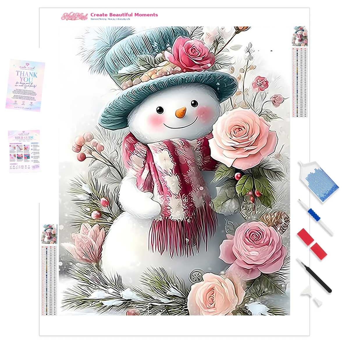 MalaMind Gallery V3 | 01 Product Clarity | CH-260921-072 | Smiling snowman in a teal hat and burgundy scarf surrounded by pink roses and snowy evergreens