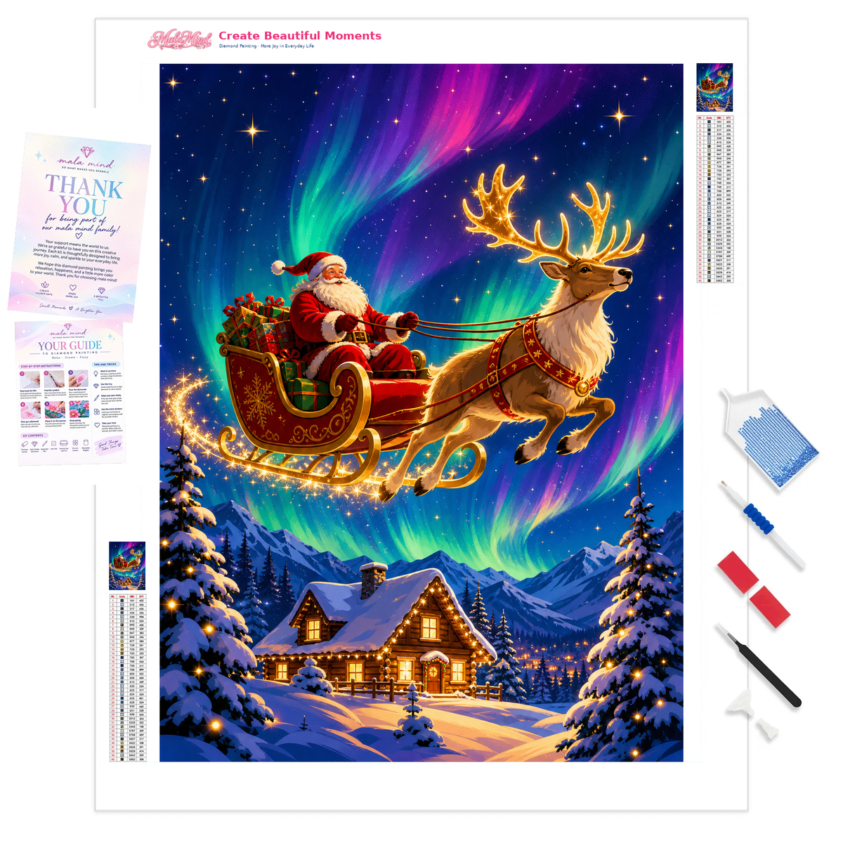 MalaMind Gallery V3 | 01 Product Clarity | CH-260929-001 | Santa rides a glowing reindeer sleigh above a snowy cabin beneath a colorful aurora.