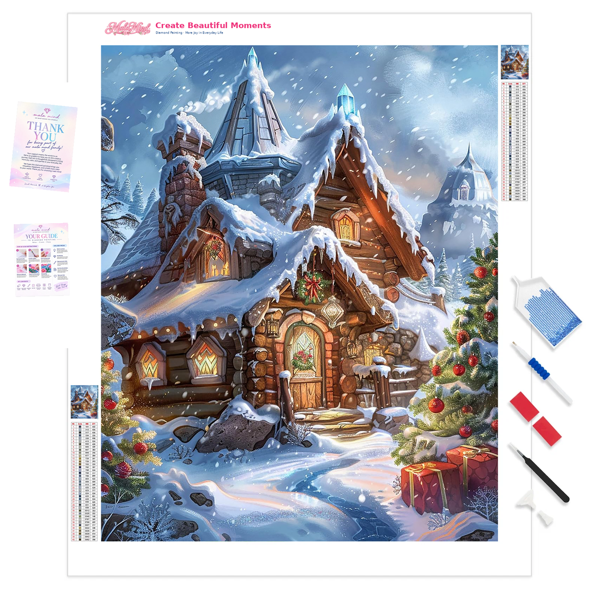 Snow-covered Christmas village cabin with glowing windows, evergreen branches, ornaments, presents, and falling snow