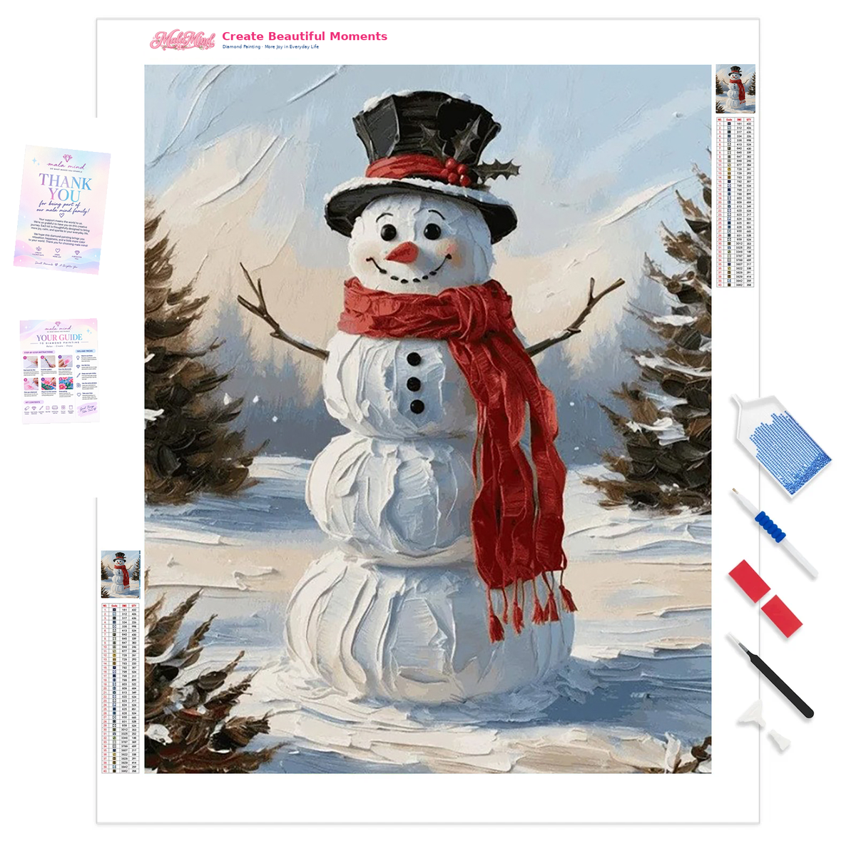 MalaMind Gallery V3 | 01 Product Clarity | CH-260921-023 | Cheerful snowman in a black top hat and red scarf stands among snowy evergreen trees.