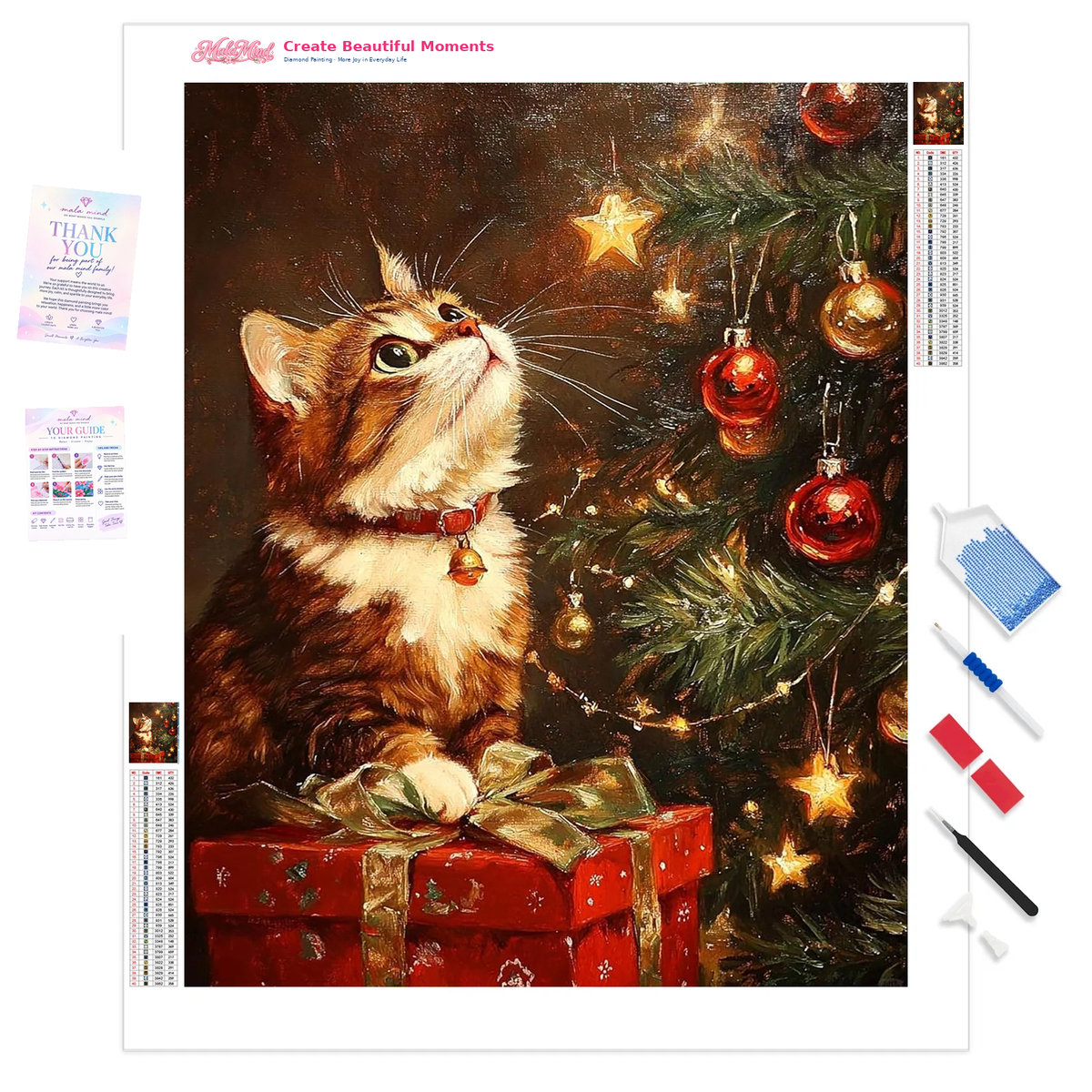Ginger-and-white cat with a bell collar looks up beside a decorated Christmas tree and red presents.