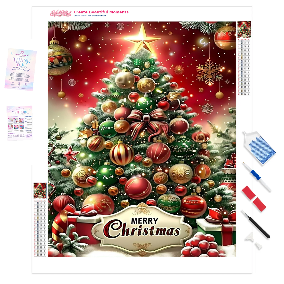 MalaMind Gallery V3 | 01 Product Clarity | CH-260921-083 | Heavily decorated Christmas tree with a glowing star, ornaments, presents, and a Merry Christmas sign
