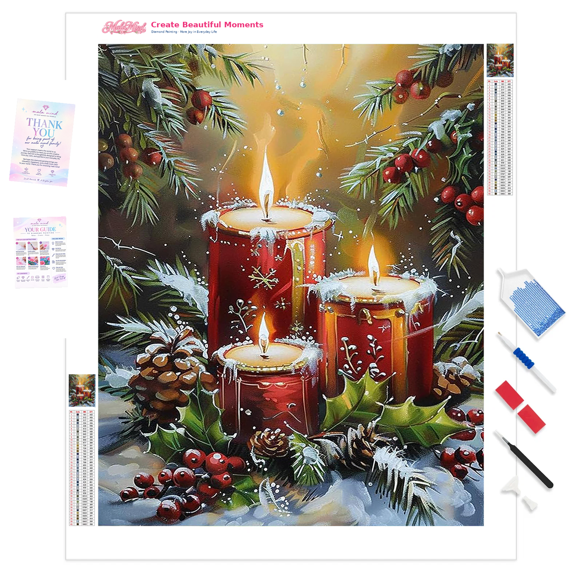 Four glowing red Christmas candles surrounded by snowy evergreen branches, holly, berries, and pinecones
