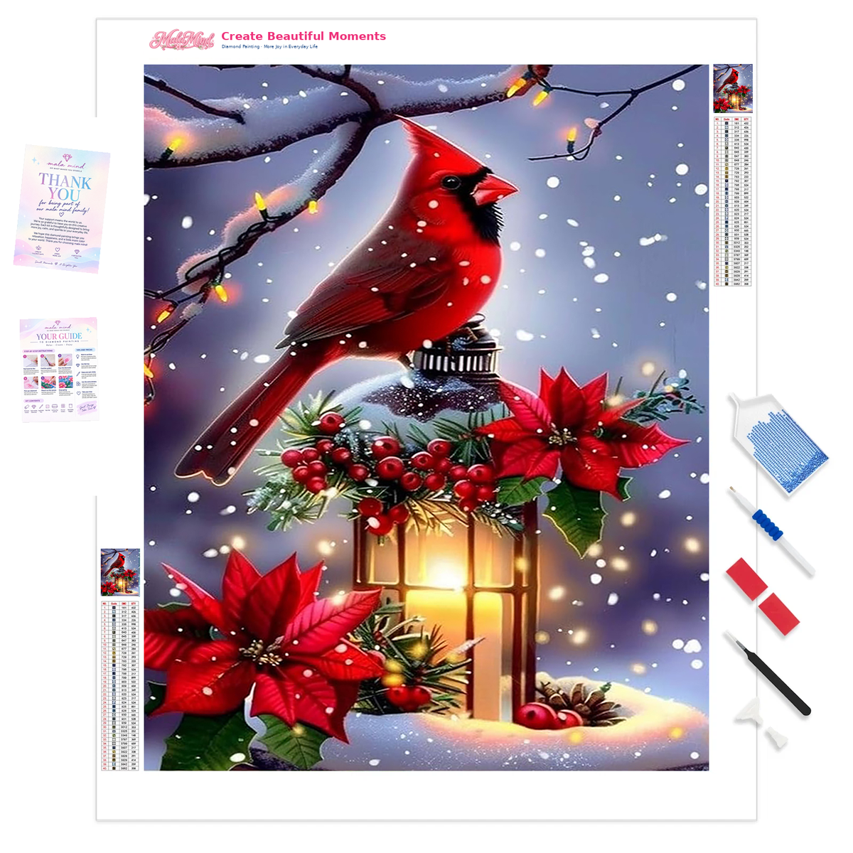 Red cardinal perched on a glowing snowy lantern surrounded by poinsettias, holly, lights, and falling snow