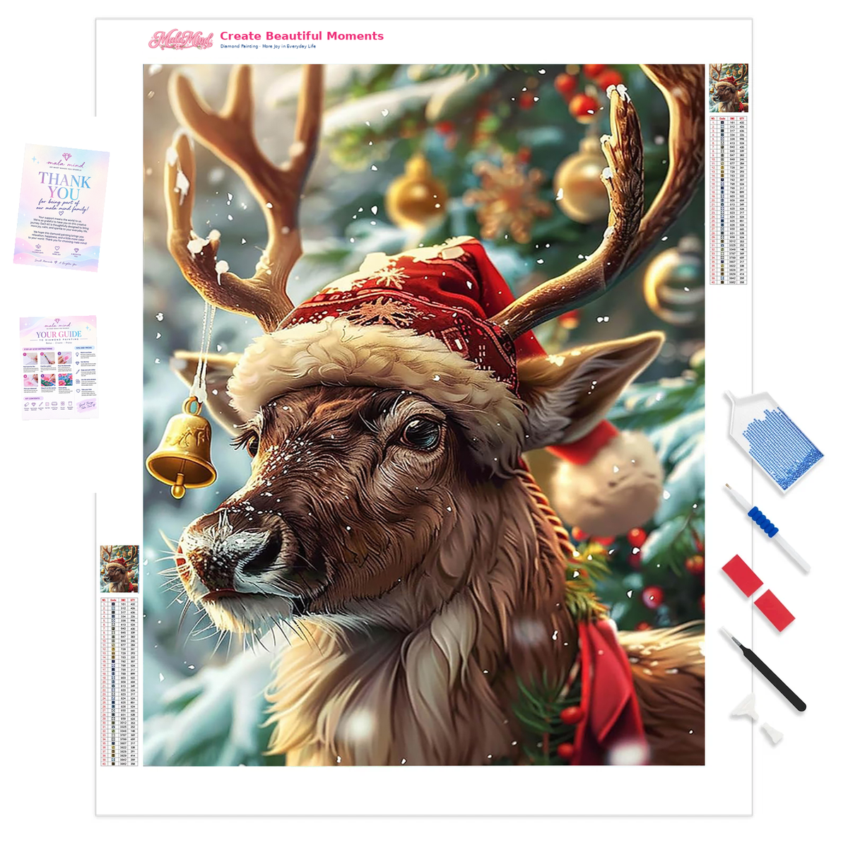 Close-up reindeer in a red Santa hat beneath antlers, with a decorated Christmas tree, snow, berries, and a golden bell.
