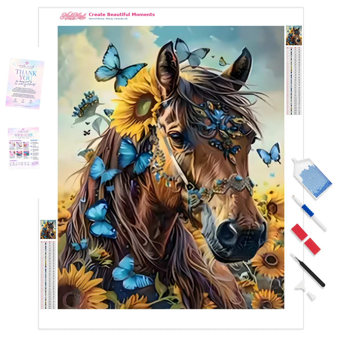 Brown horse portrait with flowing mane, sunflowers, and blue butterflies against a pale blue sky — 01_product_clarity