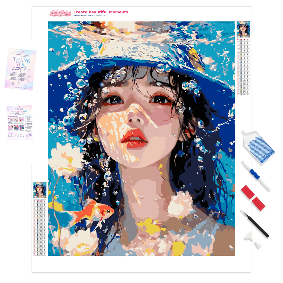 MalaMind Gallery V3 | 01 Product Clarity | PO-260910-133-LG-GB | Underwater woman portrait with bubbles, blue water, goldfish, and vivid accents, 40x50 cm