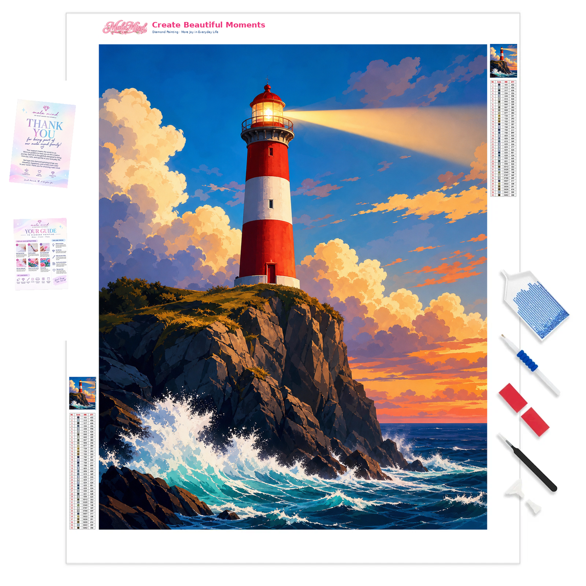 MalaMind Gallery V3 | 01 Product Clarity | LI-261006-001 | Red-and-white lighthouse shining over a rocky cliff and crashing turquoise ocean waves