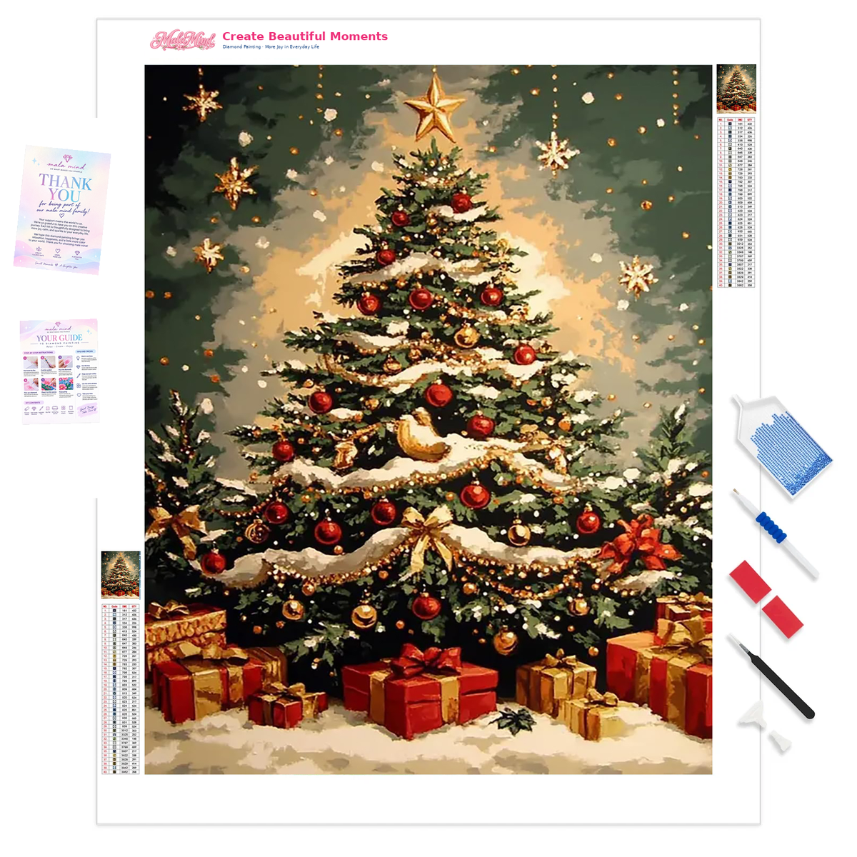 Painterly Christmas tree with a gold star, red ornaments, snowy branches, and wrapped gifts