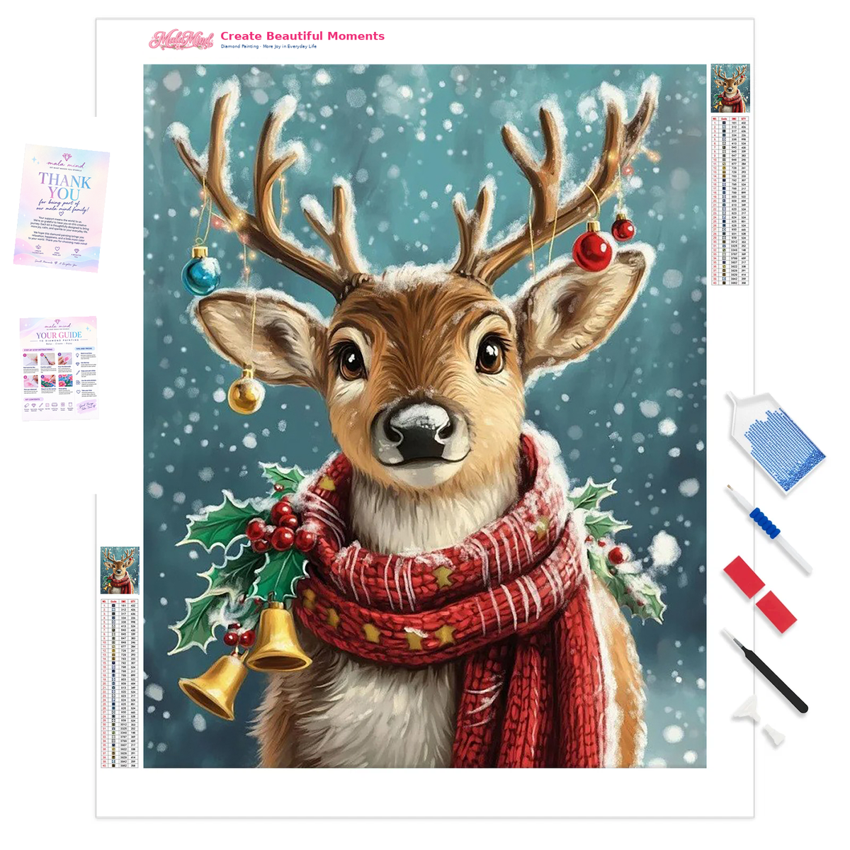 Close-up reindeer wearing a red scarf with holly, bells, ornaments, and falling snow