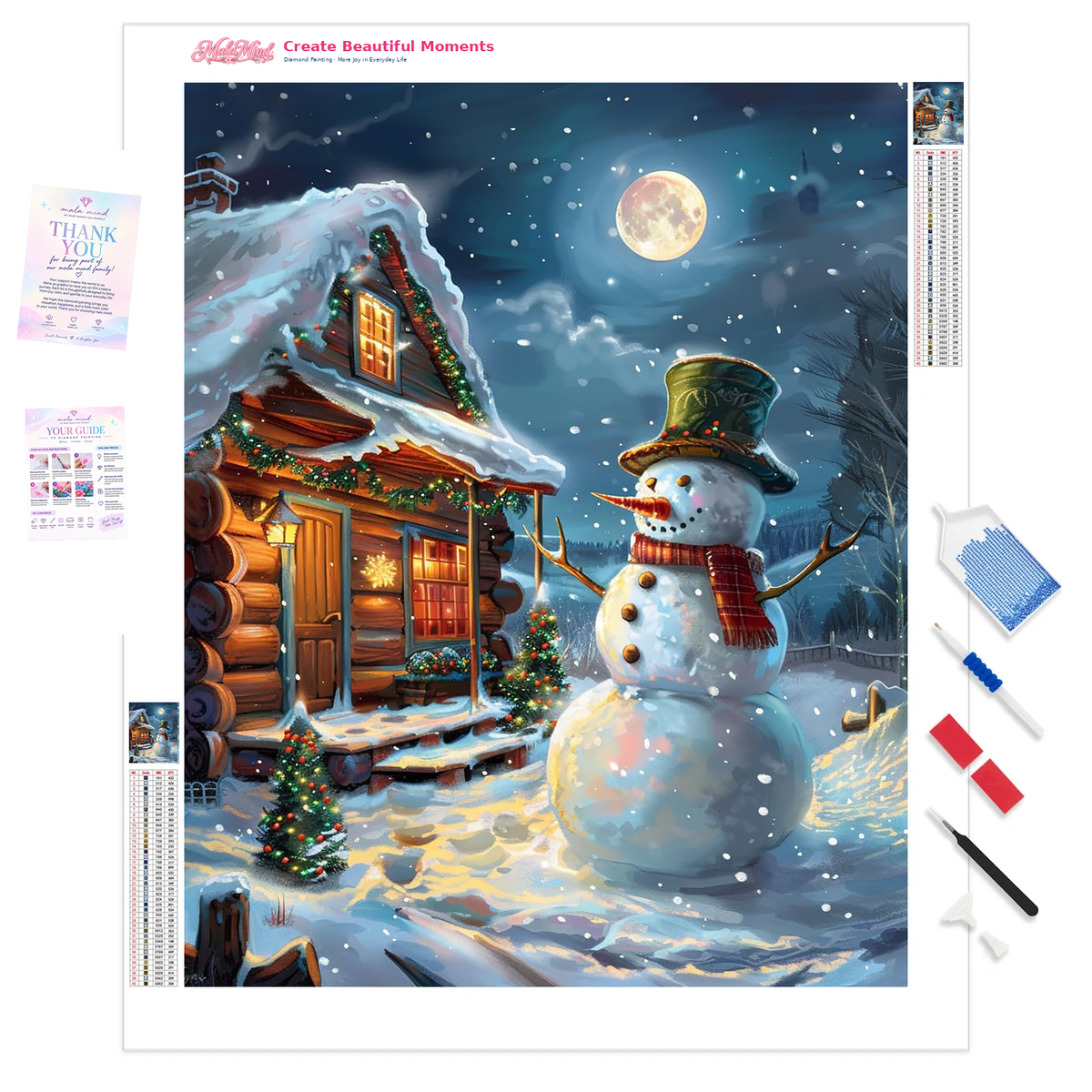 Top-hatted snowman beside a glowing Christmas cabin under a full moon and falling snow.